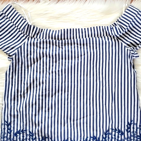 Dizzylizzy Navy Blue Striped Scoop Neck Off Shoulder Nautical Embroidered Top M - Picture 8 of 17